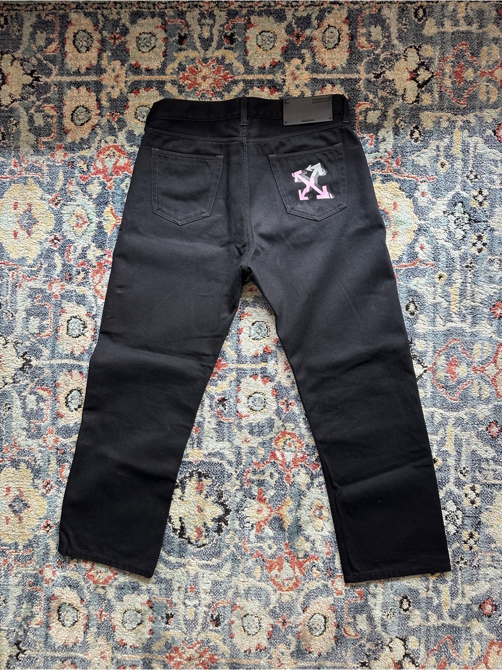 Off-White Black Relaxed Jeans with Pink Logo